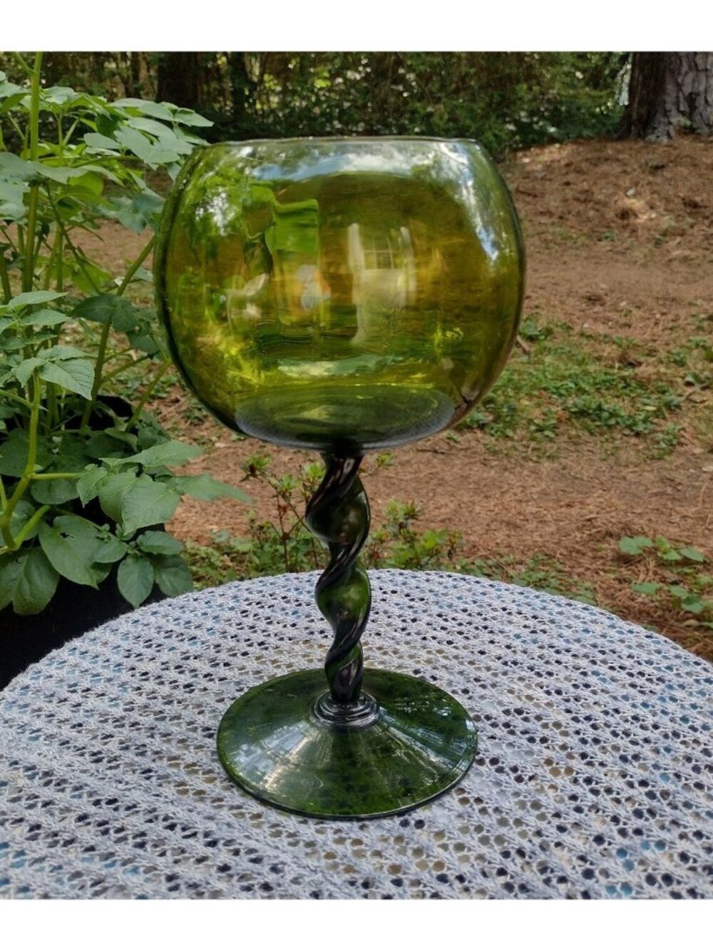 Empoli MCM Italian Art Glass Twisted Stem Optic Ribbed Bowl Avocado Green 9.5